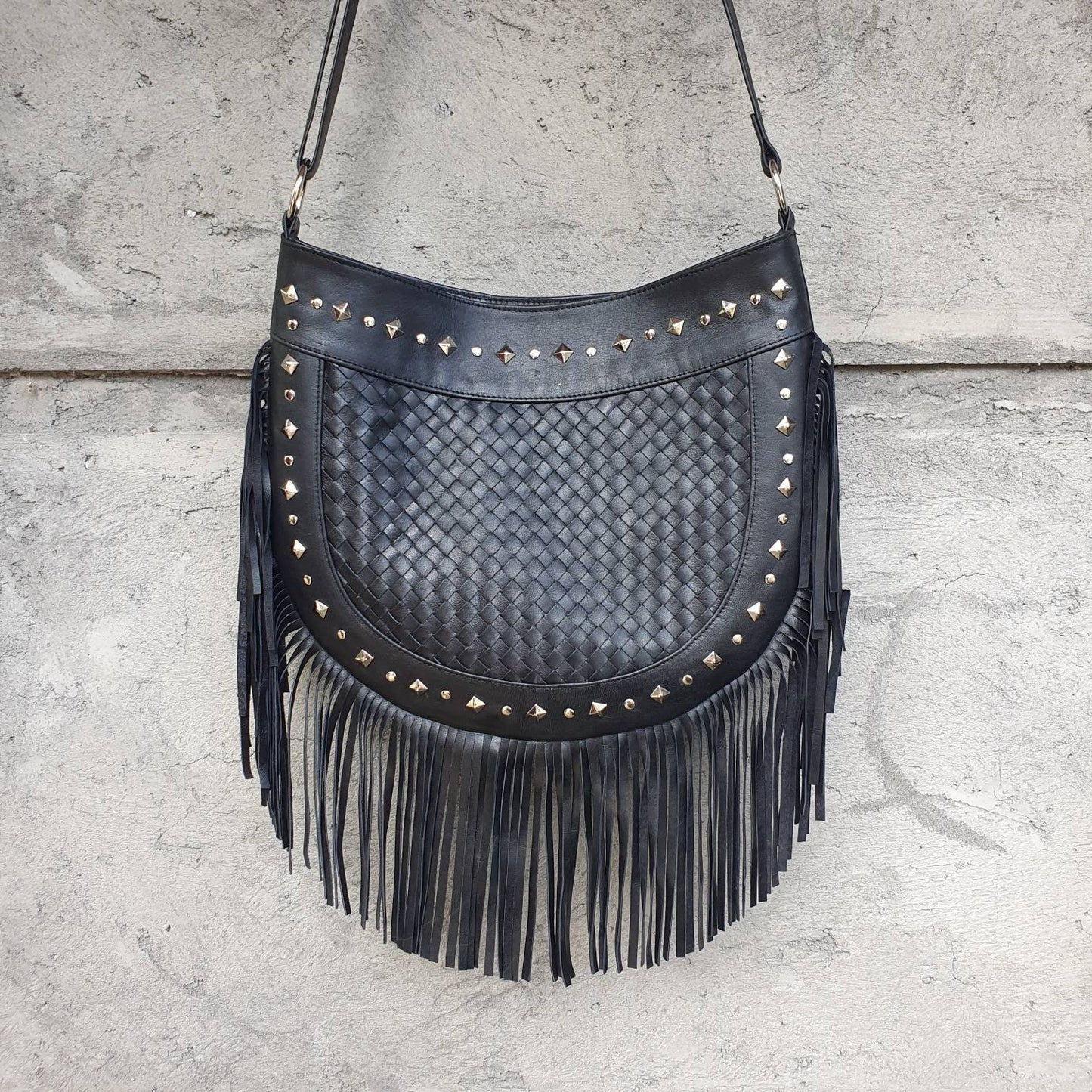 Boho Black Leather Fringe Purse, Crossbody Bag