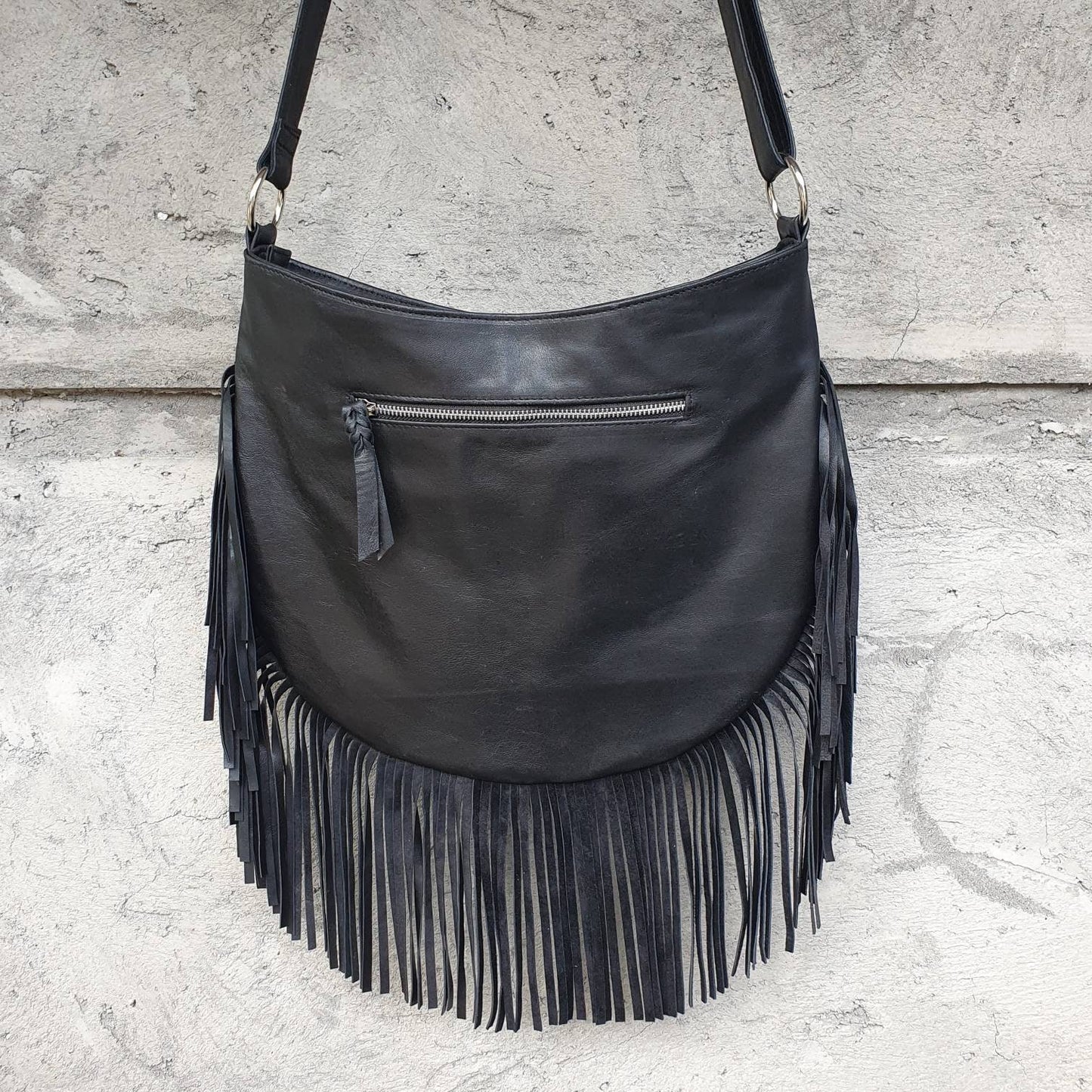 Boho Black Leather Fringe Purse, Crossbody Bag