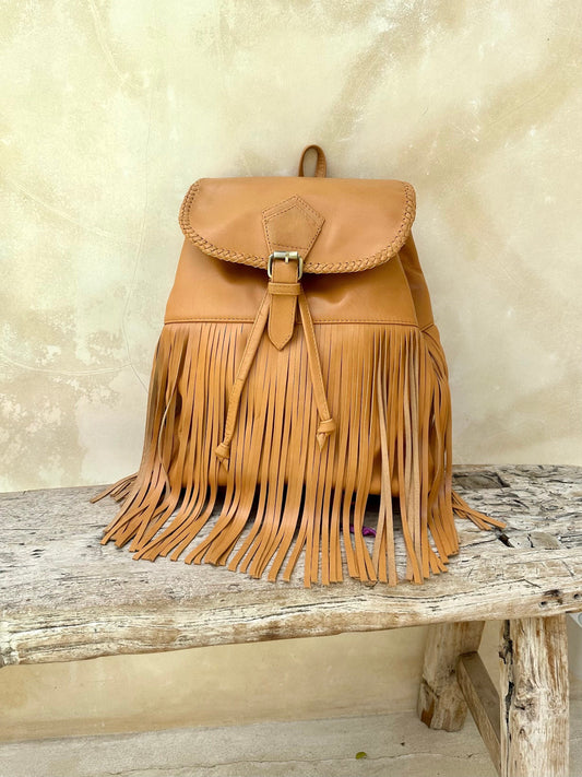 Tan Leather Fringe Backpack, Women's Backpack, Small Travel Bag