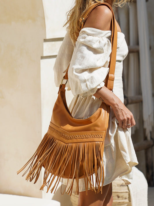 Boho Tan Leather Fringe Hobo Bag