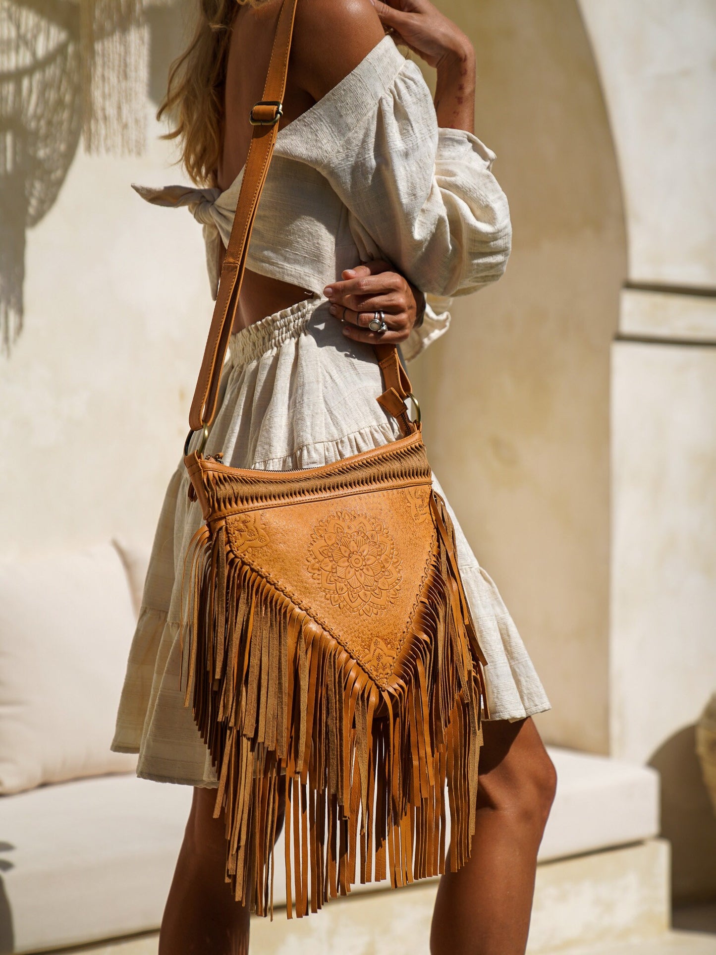 Tan Tooled Bohemian Fringe Purse, Leather Crossbody bag, Western Bag