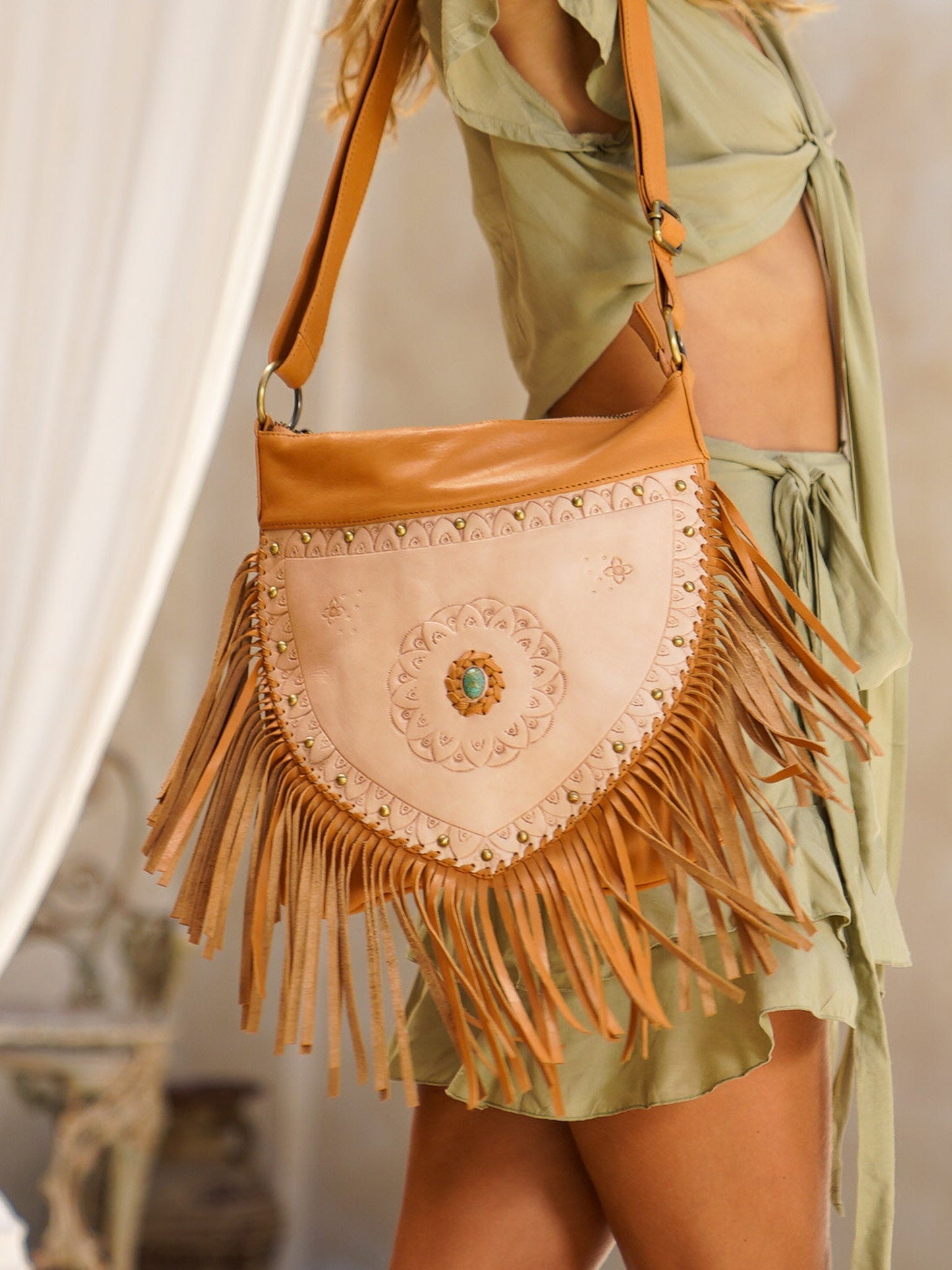 Tan Leather Fringe Purse, Boho Leather Crossbody Bag, Festival Bag