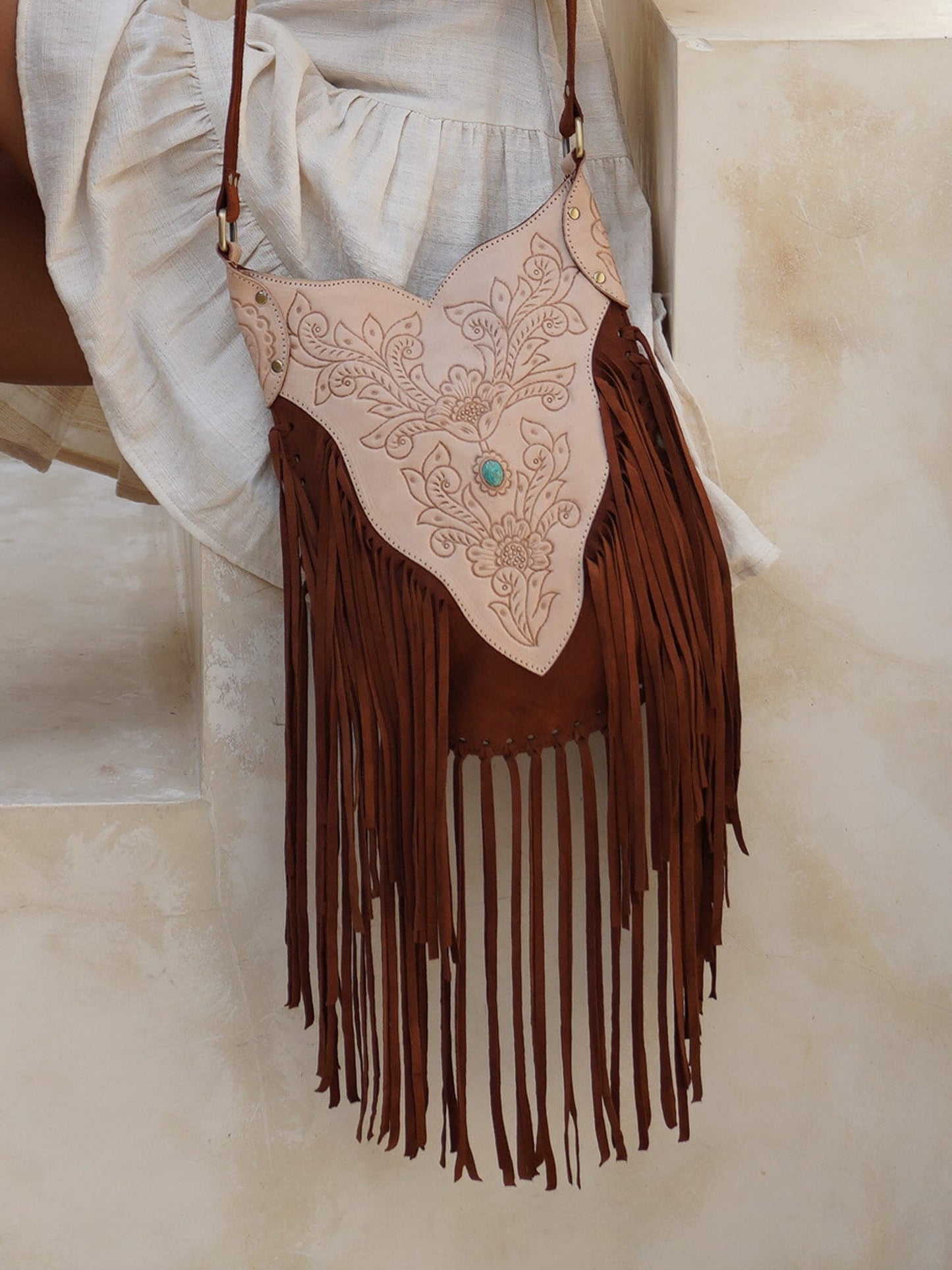 Bohemian Brown Leather Fringe Carved Crossbody, Western Purse