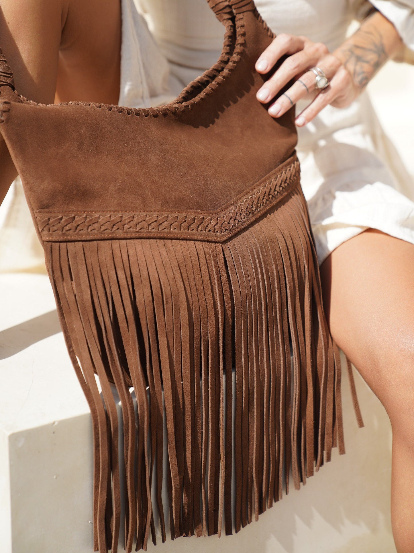 Boho Suede Brown Leather Fringe Tassel Hobo Bag