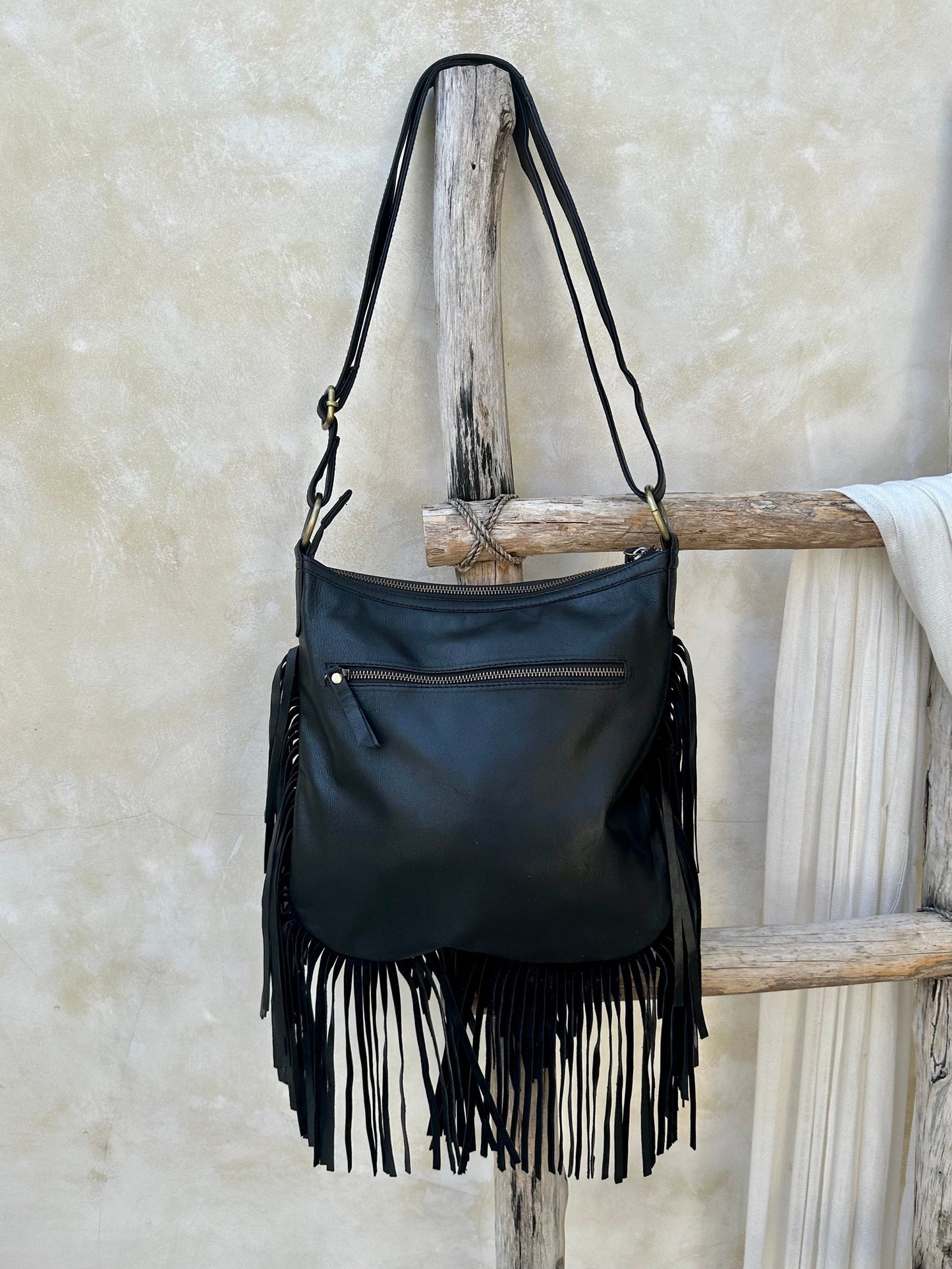 Black Tooled Bohemian Fringe Purse, Leather Crossbody bag, Western Bag