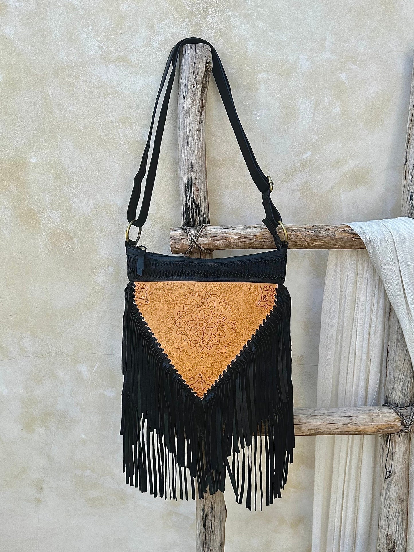 Black Tooled Bohemian Fringe Purse, Leather Crossbody bag, Western Bag