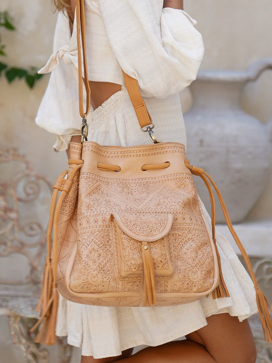 Boho Tooled Tan Leather Crossbody Purse