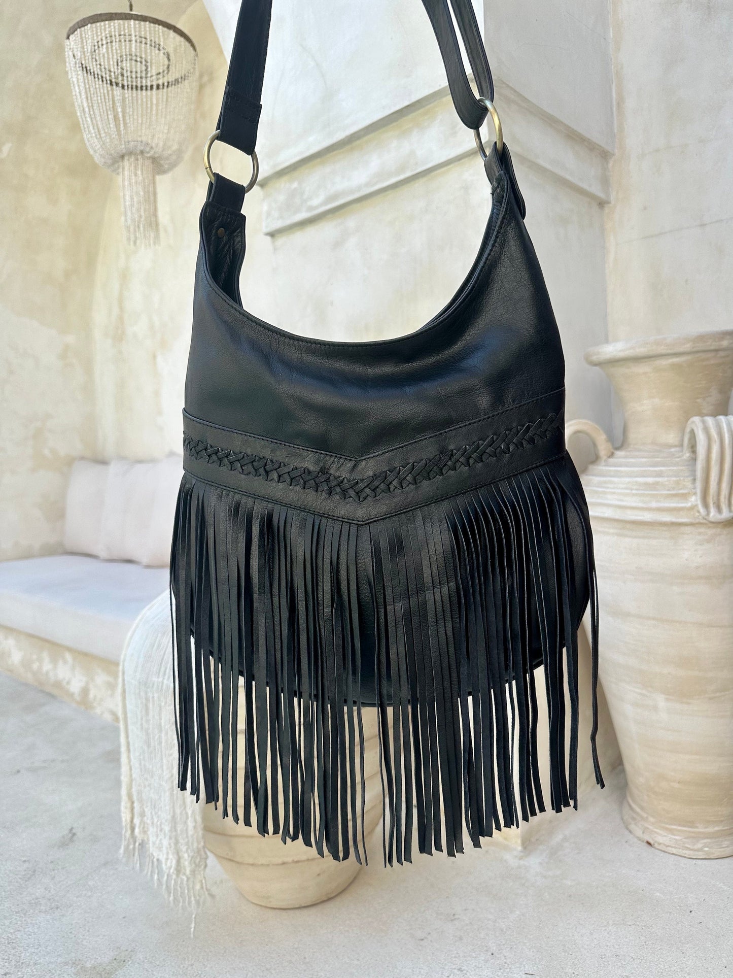 Black Hobo Leather Fringe Crossbody Purse