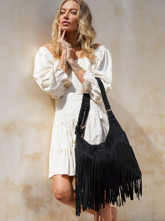 Black Suede Fringe Purse, Festival Fringe Bag