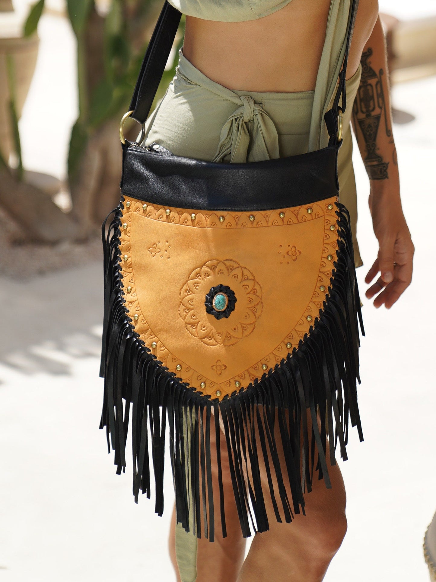 Boho Black Leather Tooled Fringe Crossbody