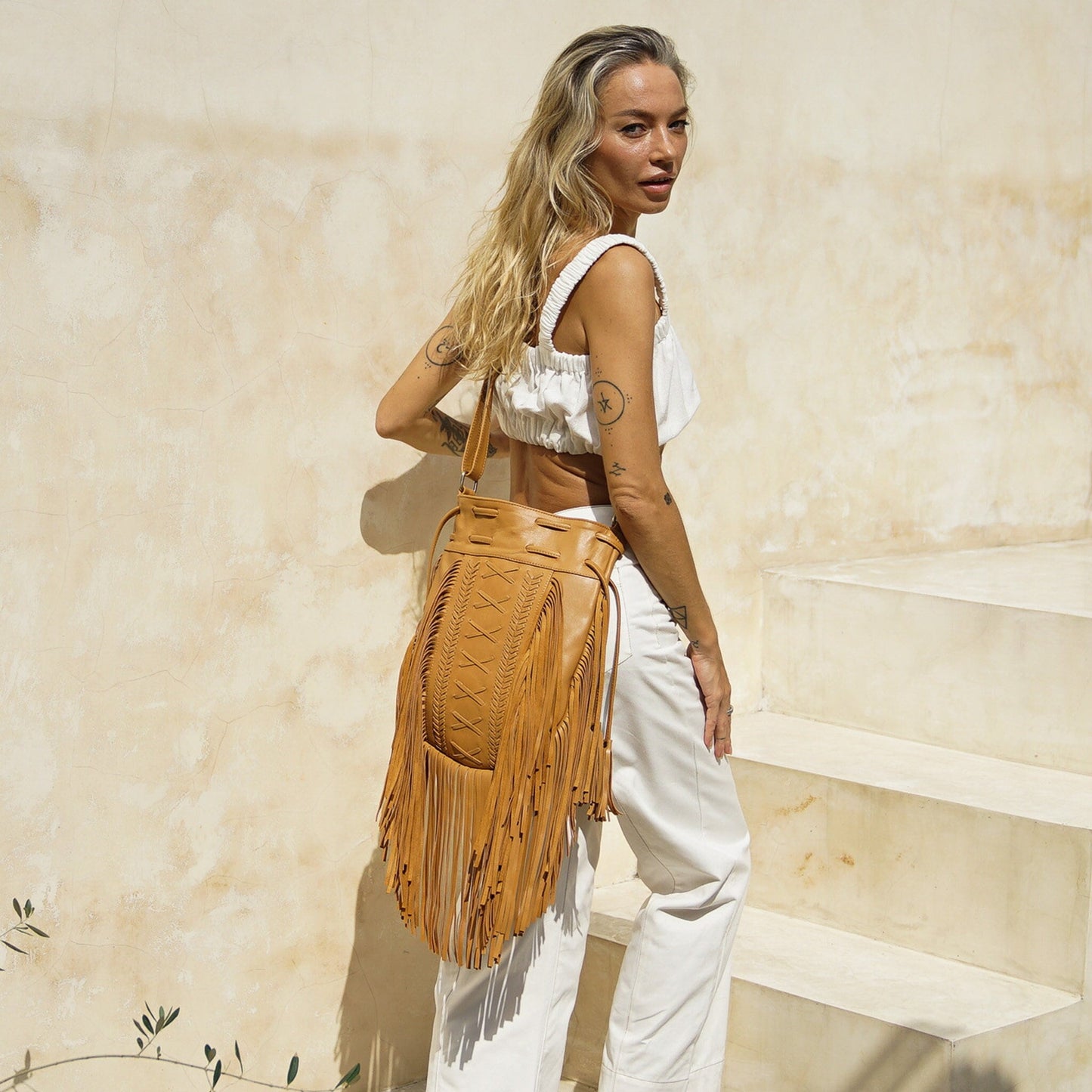 Bohemian Boho Tan Leather Fringe Crossbody Bags