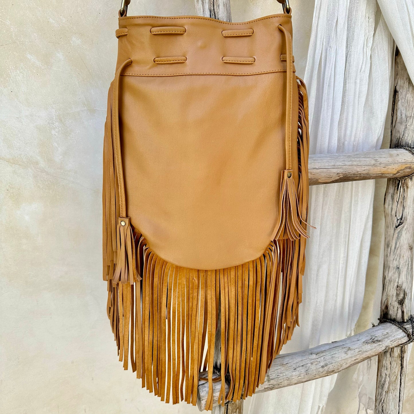 Bohemian Boho Tan Leather Fringe Crossbody Bags