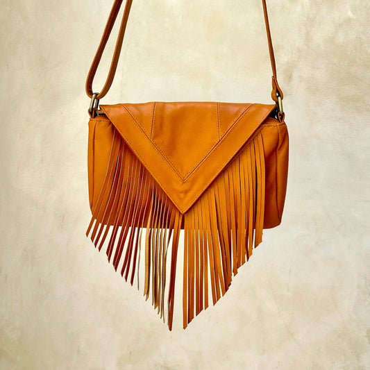 Small crossbody bag, small leather fringe purse, tan leather clutch