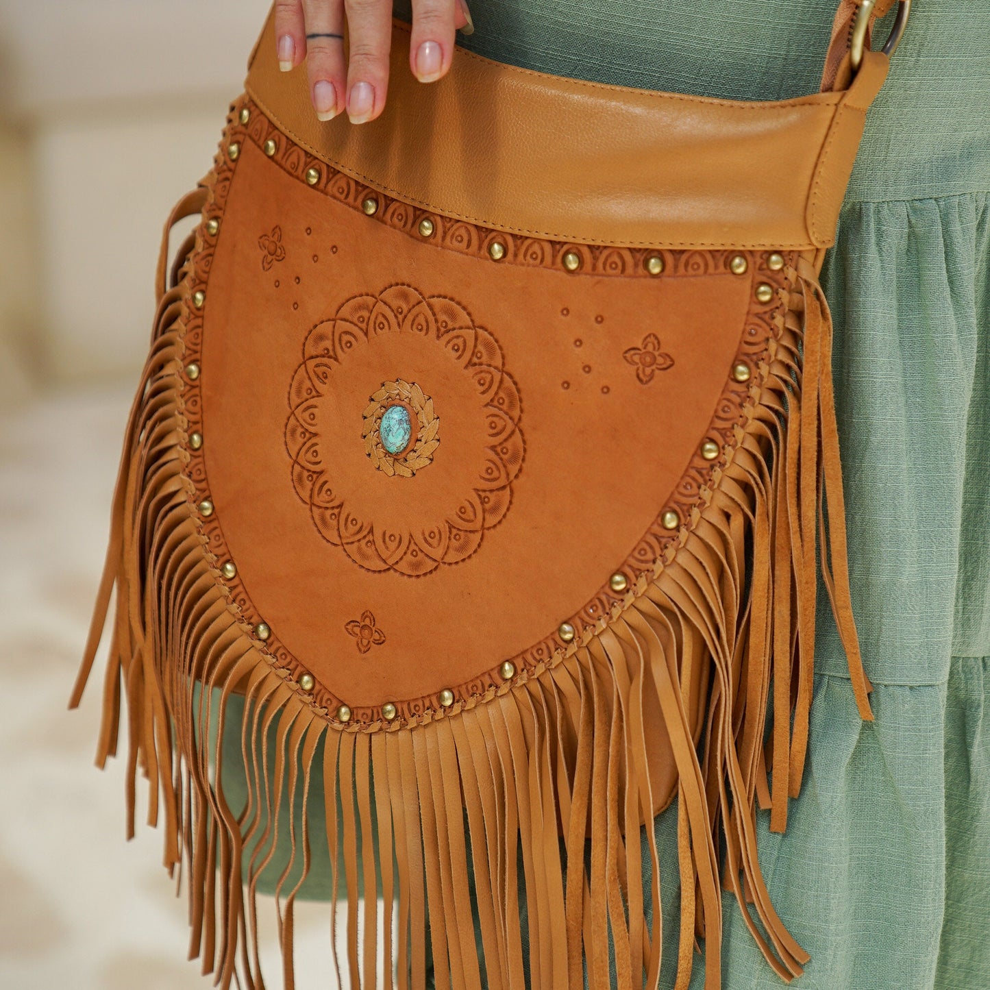 Bohemian Leather Tooled Purse, Festival Fringe Crossbody Bag