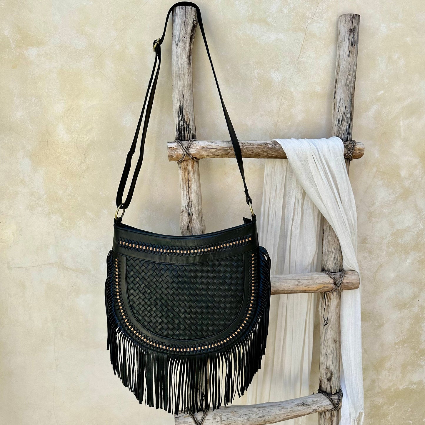 Boho Black Leather Fringe Crossbody Purse