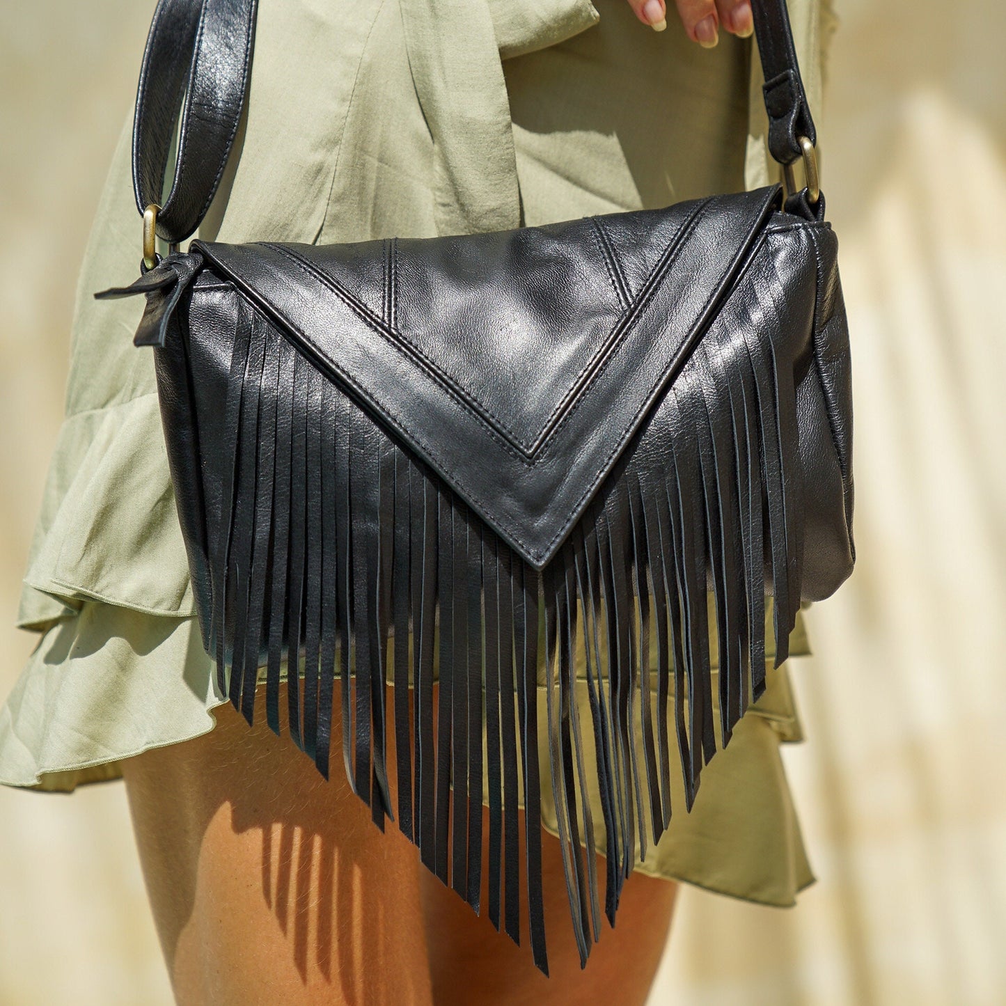 Small crossbody bag, small leather fringe purse, black leather clutch