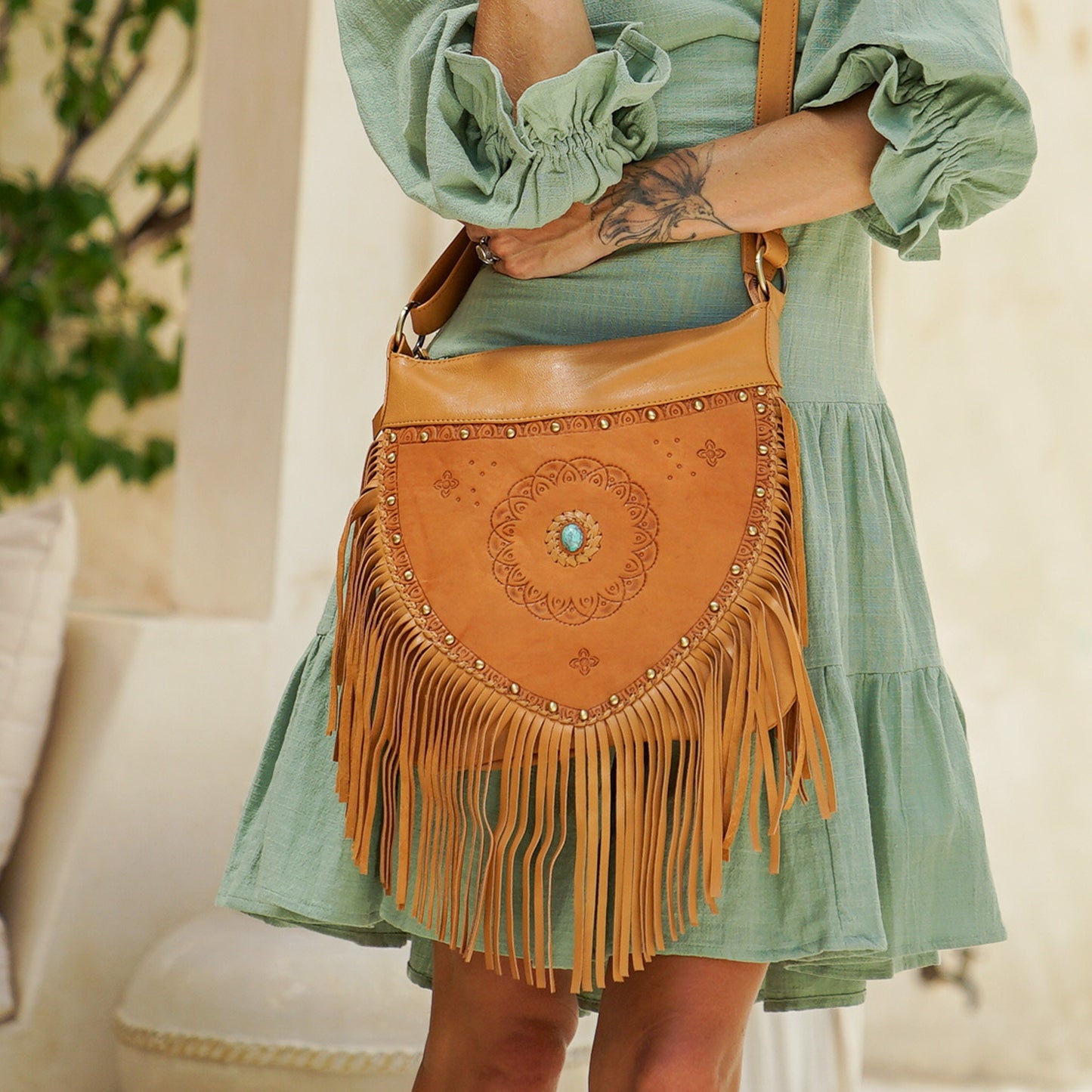 Bohemian Leather Tooled Purse, Festival Fringe Crossbody Bag