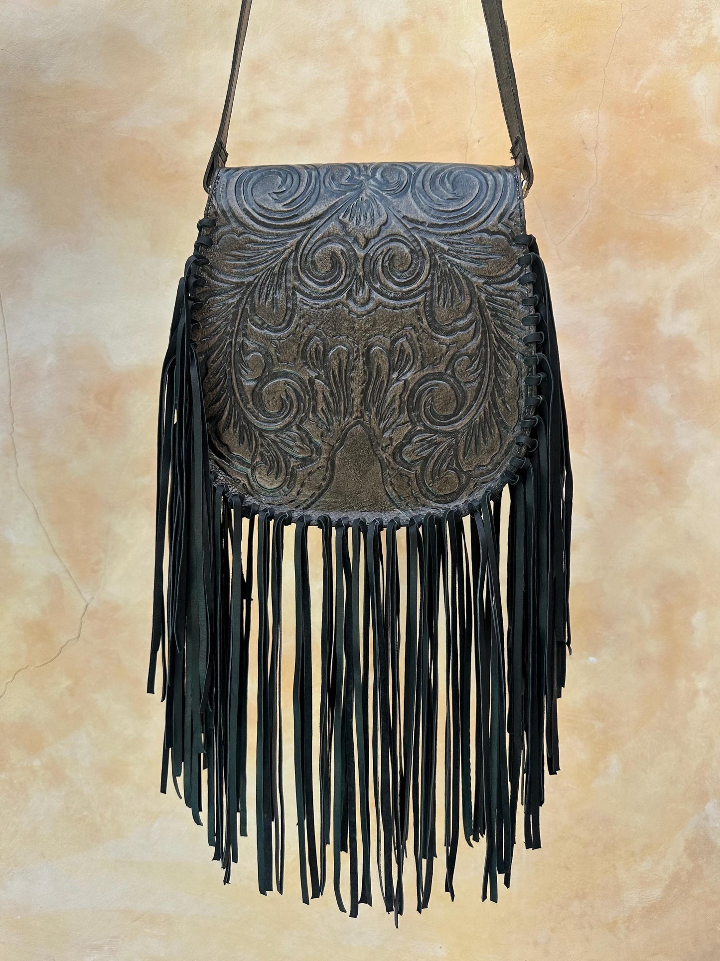 Black Western Hand Tooled Leather Fringe Crossbody Bag, Bohemian Festival