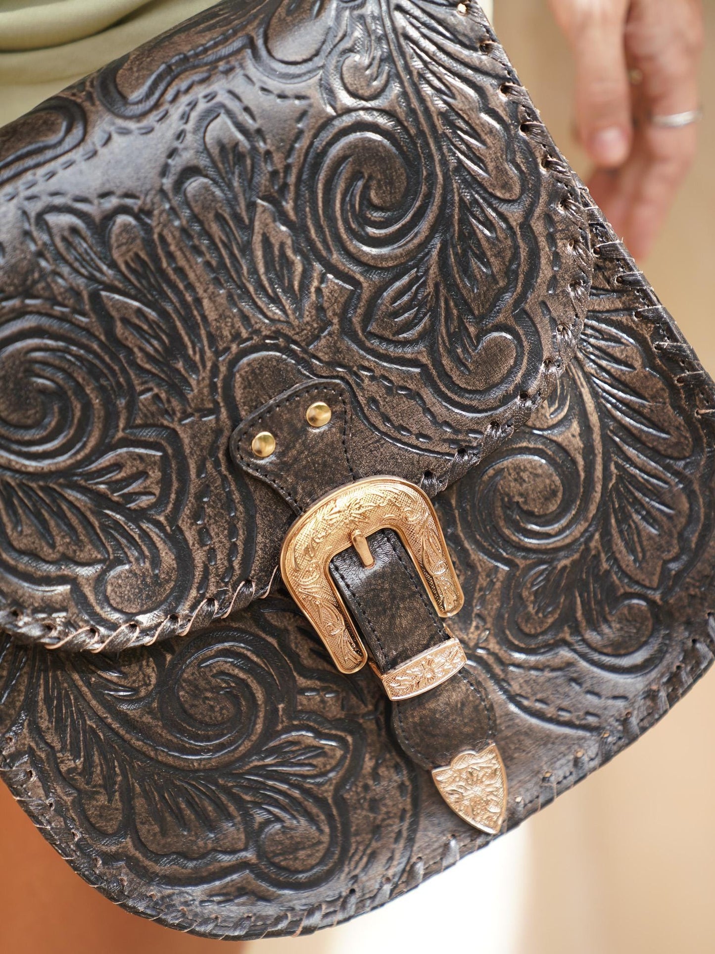 Brown Hand Tooled Leather Crossbody Bag For Women, Boho Style Purse