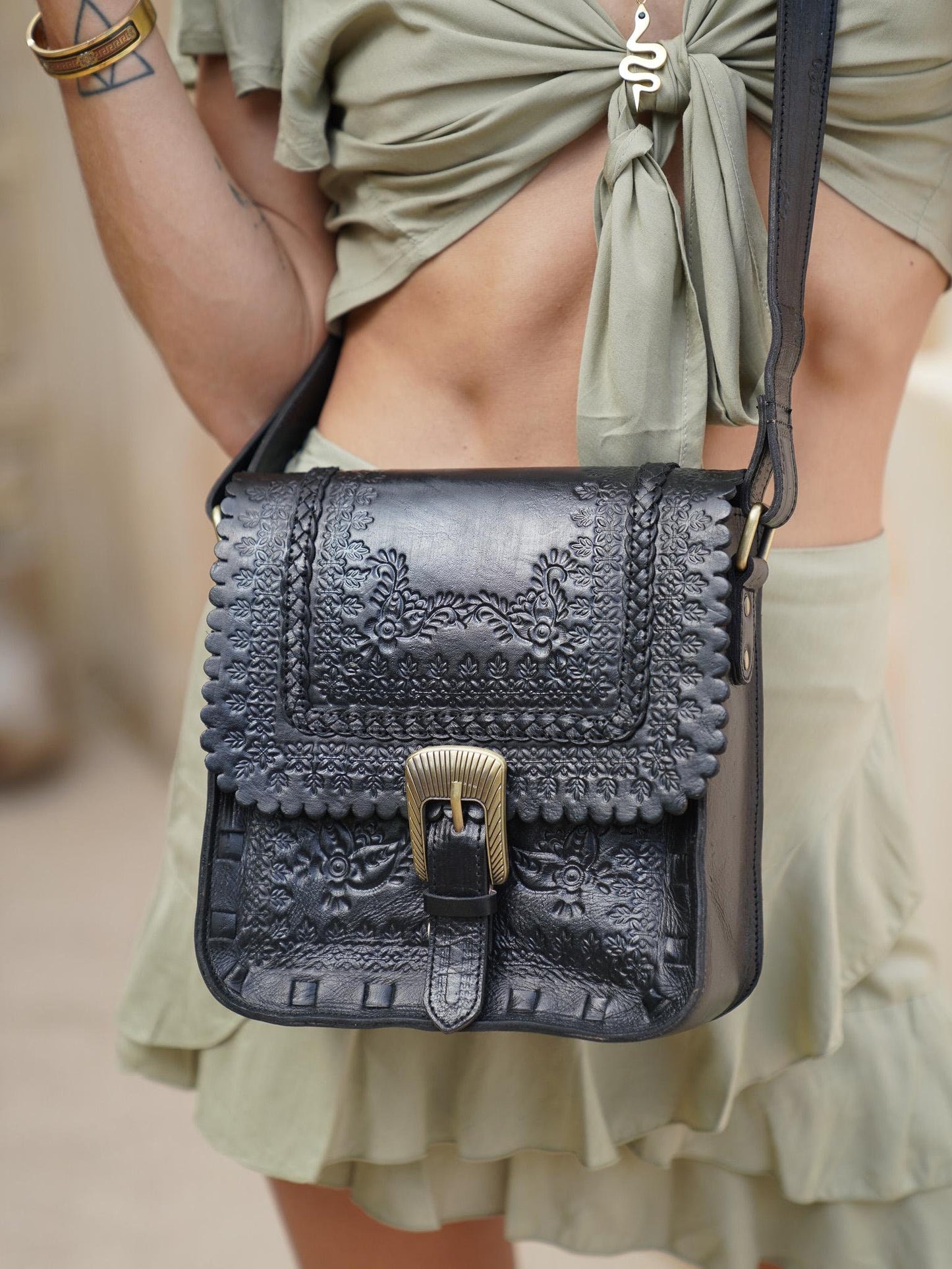 Black hand tooled boho leather crossbody bag, Boho Leather Purse