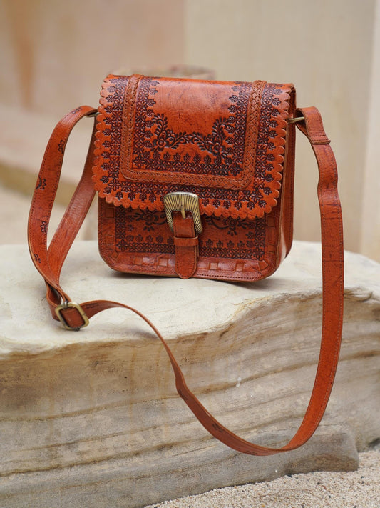 Hand tooled Boho Leather Crossbody Hippie Bag, Bohemian Style