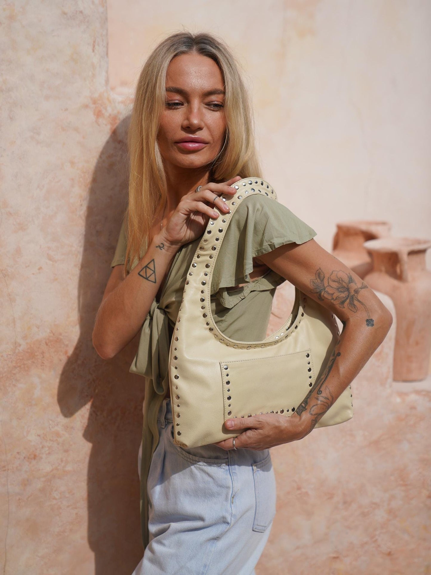 Beige Leather Studded Handbag, Leather Shoulder Purse