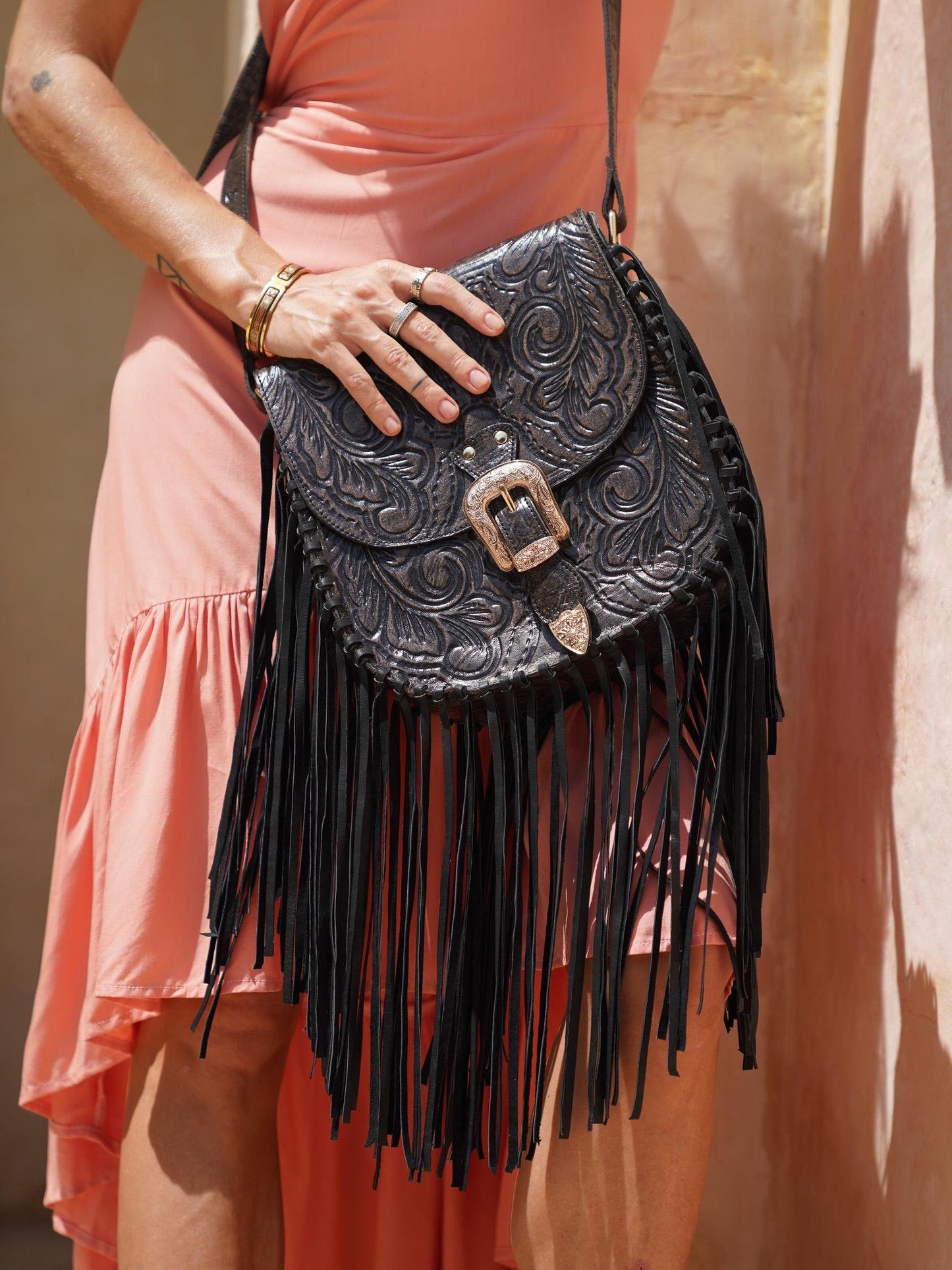 Black Western Hand Tooled Leather Fringe Crossbody Bag, Bohemian Festival