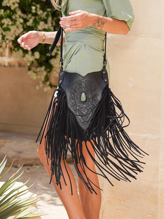 Black Boho Purse Leather Fringe Carved Crossbody, Hand tooled Purse