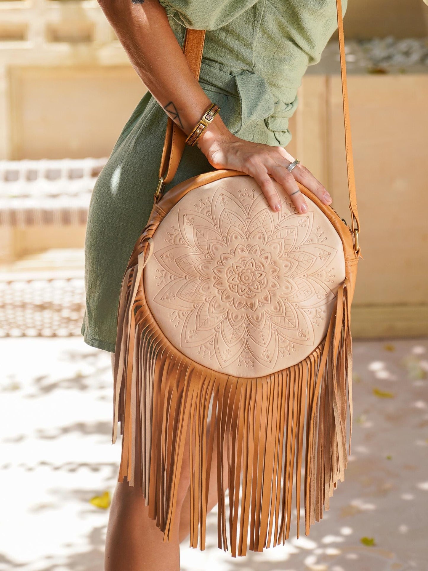 Boho Round Leather Fringe Purse, Cross body Bag with Fringes Tan